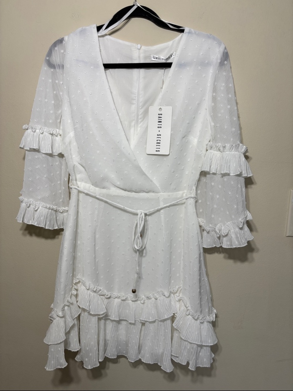 Saints + Secrets White Ruffle Mini Dress with Tie Waist